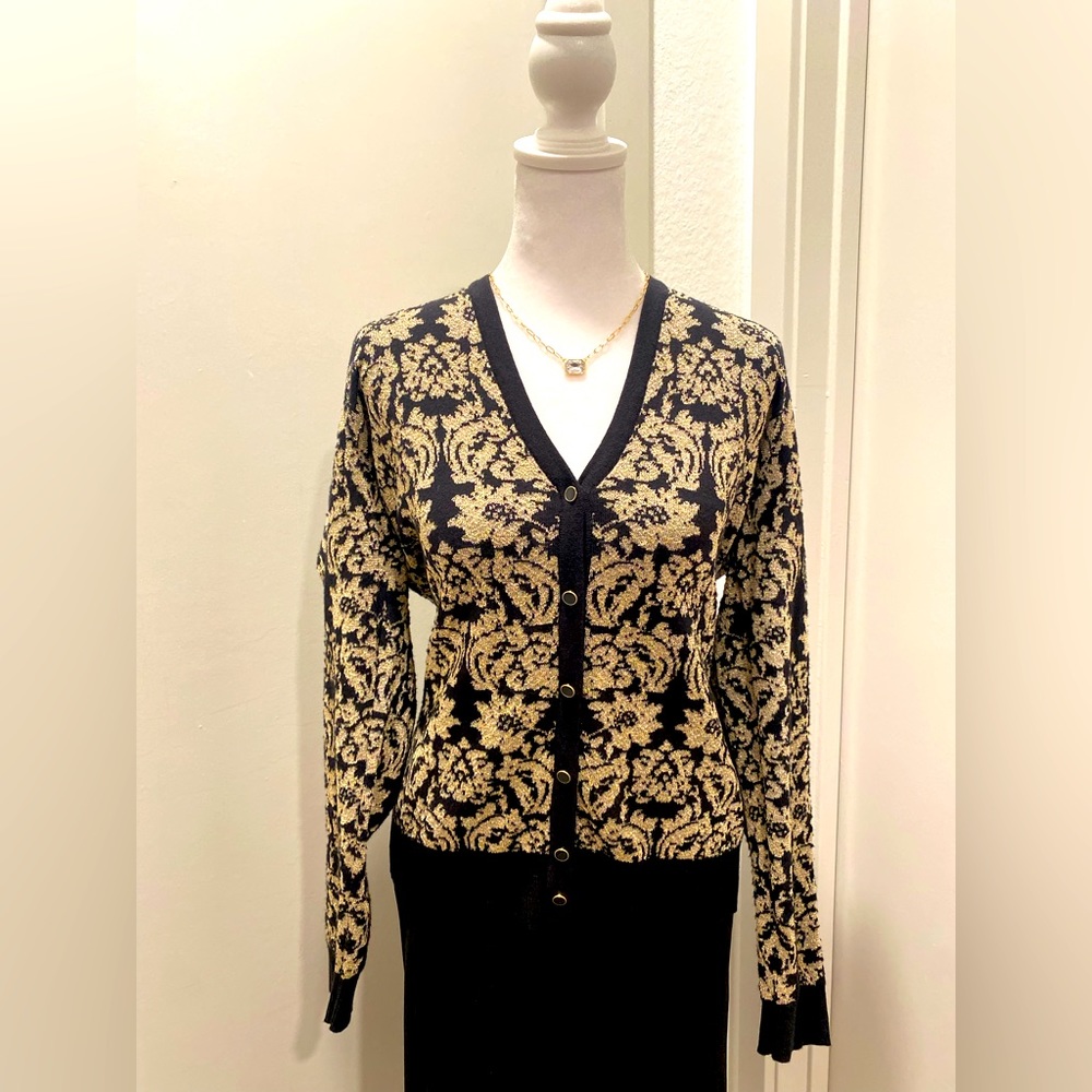 New York & Company Button-Down Black & Gold Metallic Floral Sweater Cardigan XL